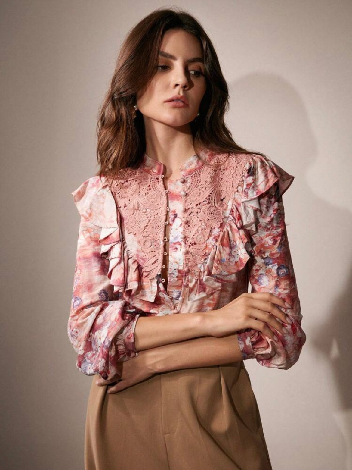 CM-TS495262 Women Elegant Seoul Style Floral Print Lace Ruffled Trim Blouse - Burgundy