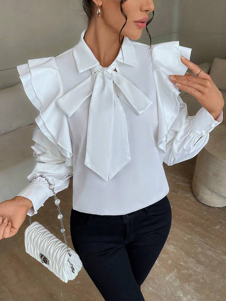CM-TS179777 Women Elegant Seoul Style Bow Tie Stand Collar Lantern Sleeve Slim Fit Blouse - White
