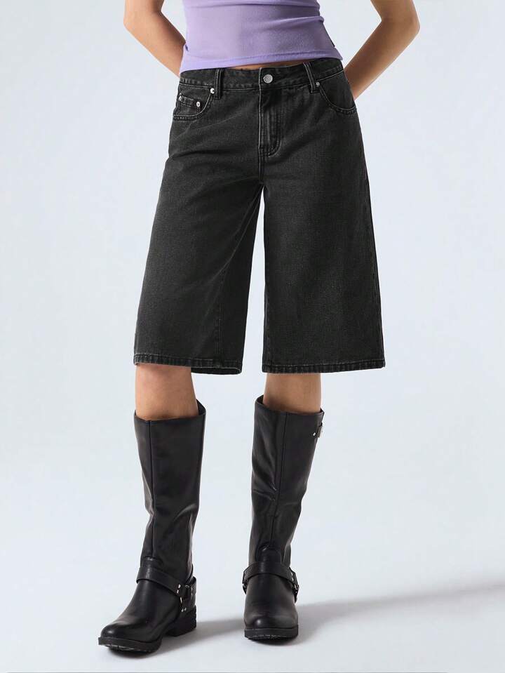 CM-BS668271 Women Casual Seoul Style Drop Waist Loose Denim Shorts - Black