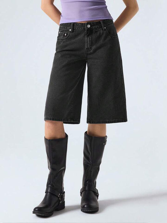 CM-BS668271 Women Casual Seoul Style Drop Waist Loose Denim Shorts - Black