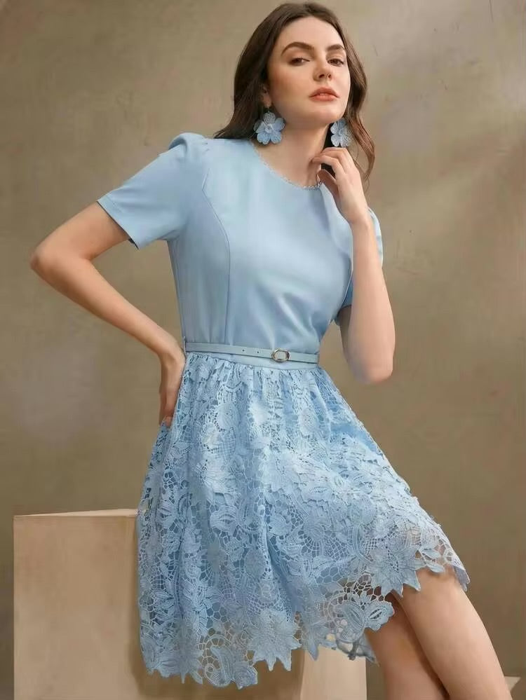 CM-DS467791 Women Elegant Seoul Style Round Neck Short Sleeve Lace Patchwork Mini Dress - Blue