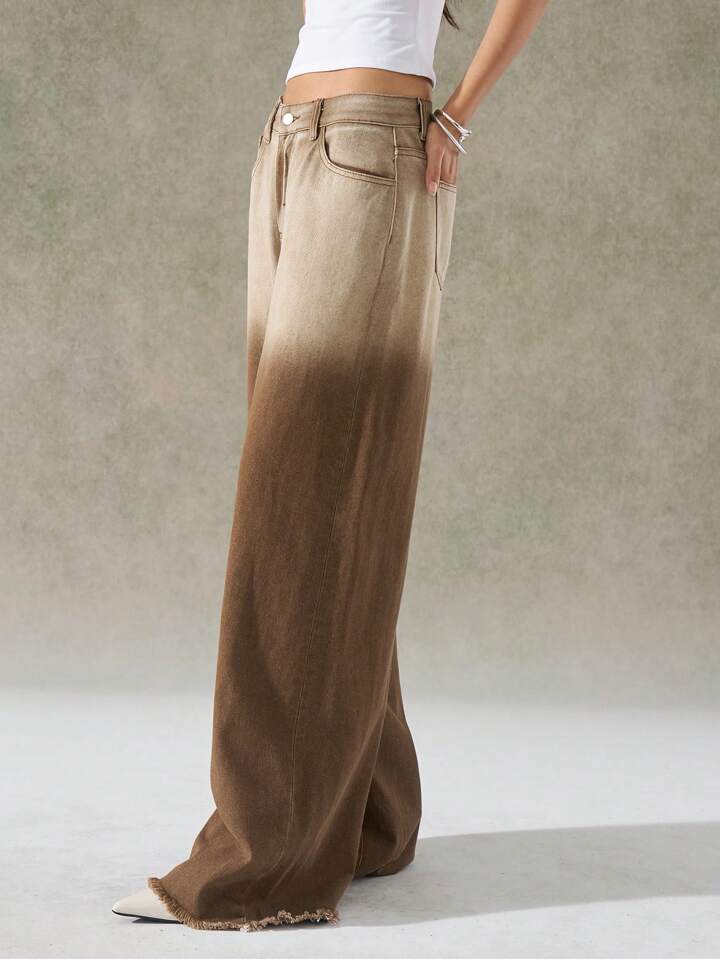 CM-BS097539 Women Casual Seoul Style Washed Ombre Wide Leg Jeans - Coffee Brown