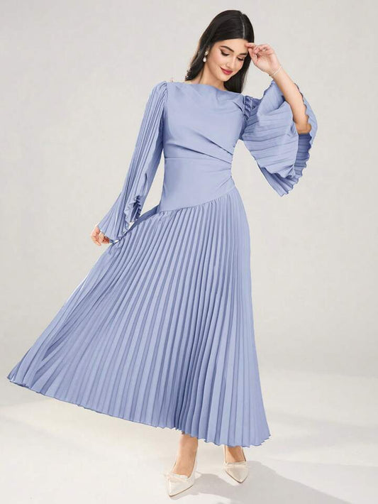 CM-DS986626 Women Elegant Seoul Style Round Neck Long Sleeve Asymmetrical Pleated Dress - Blue