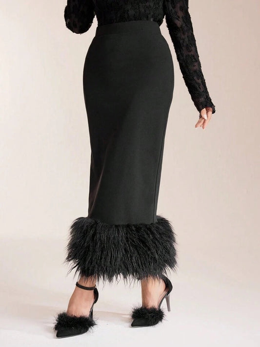 CM-BS738020 Women Elegant Seoul Style High Waist Fuzzy Hem Skirt - Black