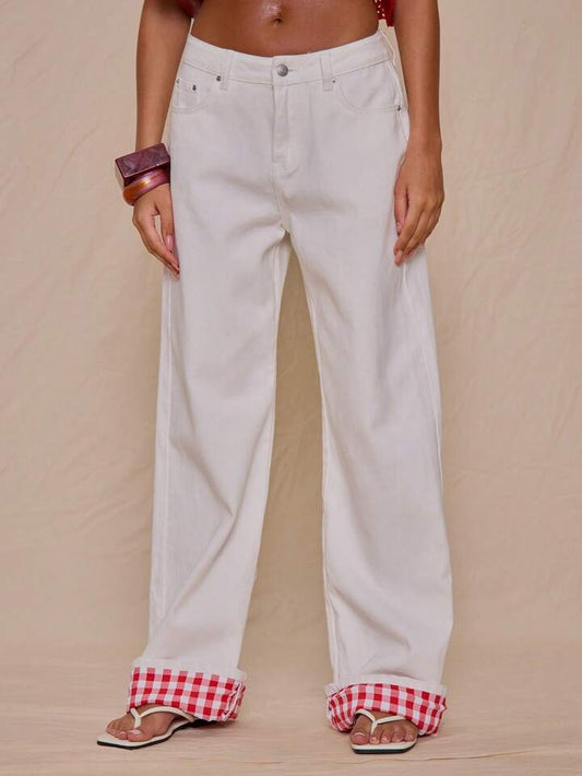 CM-BS465535 Women Casual Seoul Style Mid Rise Turn Up Hem Gingham Straight Leg Denim Jeans - White