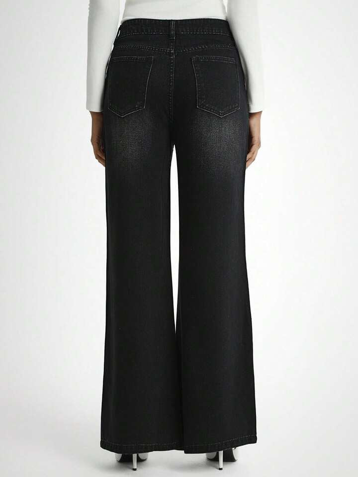 CM-BS359973 Women Casual Seoul Style Mid Waist Rhinestone Embellished Wide Leg Denim Jeans - Black