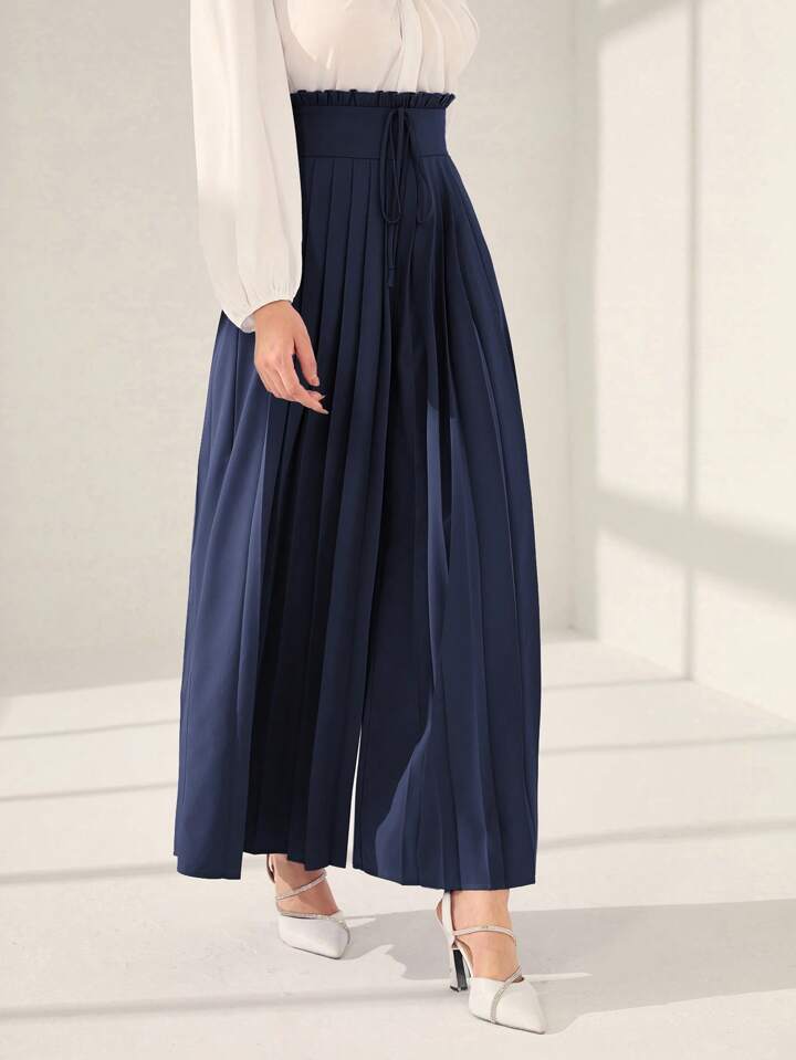 CM-BS418535 Women Trendy Bohemian Style High Waist Pleated Wide Leg Pants - Navy Blue