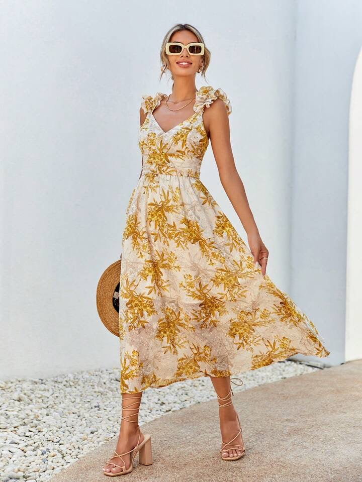CM-DS942809 Women Trendy Bohemian Style Plant Printed Spaghetti Strap A-Line Dress