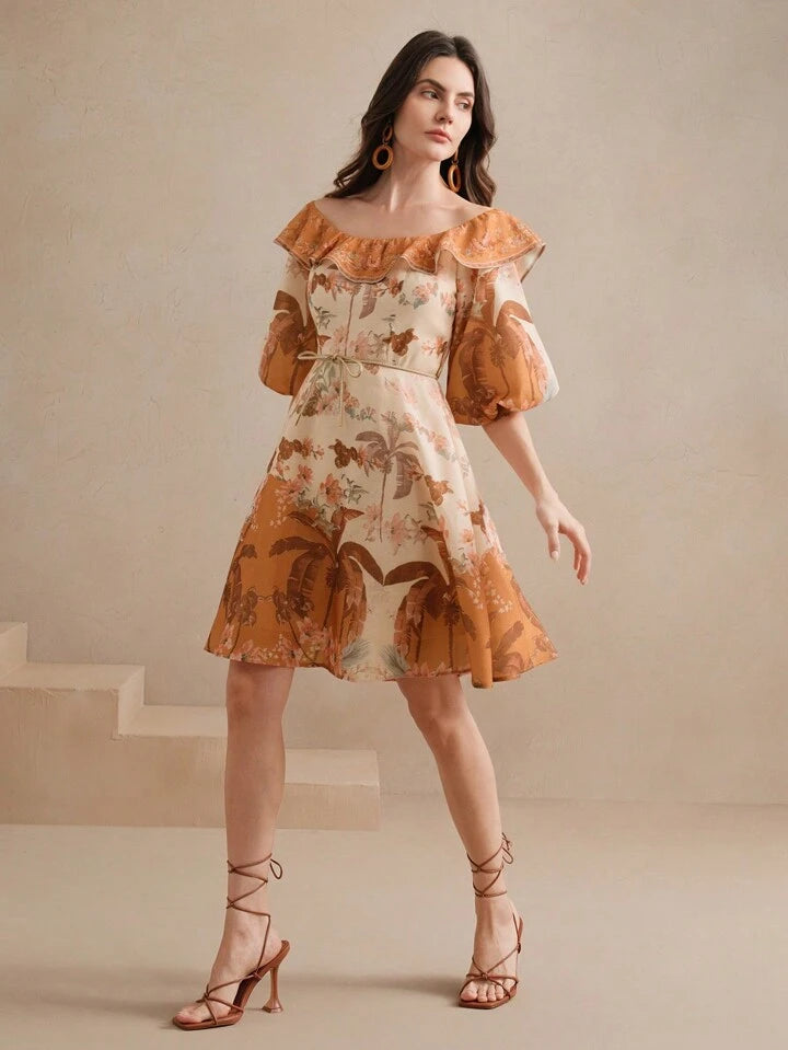 CM-DS328234 Women Trendy Bohemian Style Off Shoulder 3/4 Puff Sleeve High Waist Short Dress