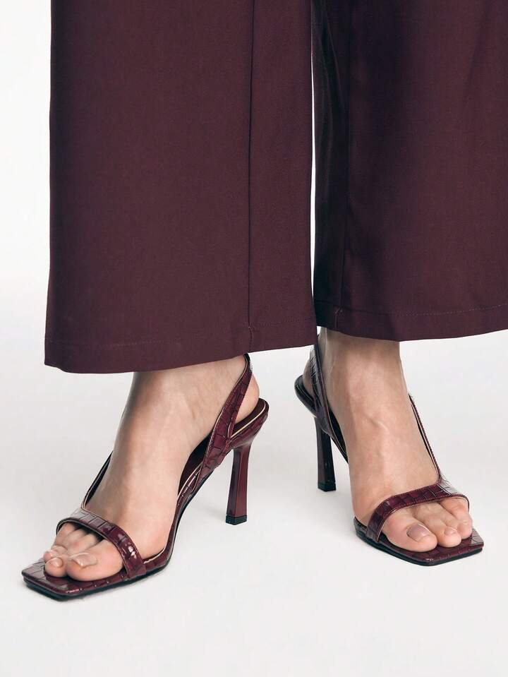 CM-SHS994189 Women Trendy Seoul Style Crocodile Pattern Slingback Square Toe Stiletto Sandals - Burgundy