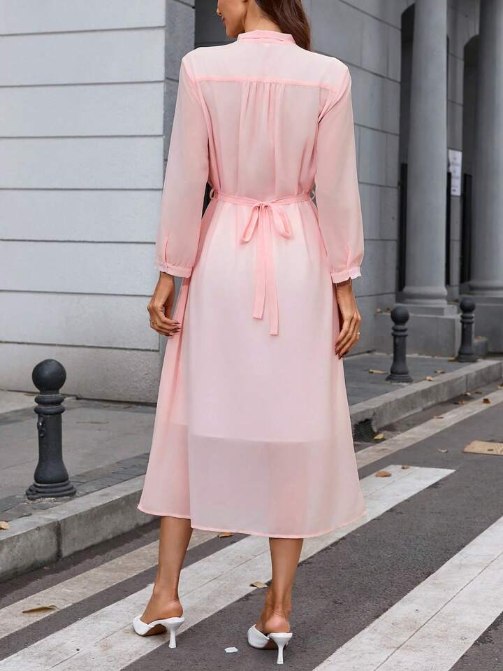 CM-DS818812 Women Casual Seoul Style Bow Tie Neckline Puff Sleeve Midi A-Line Dress - Pink