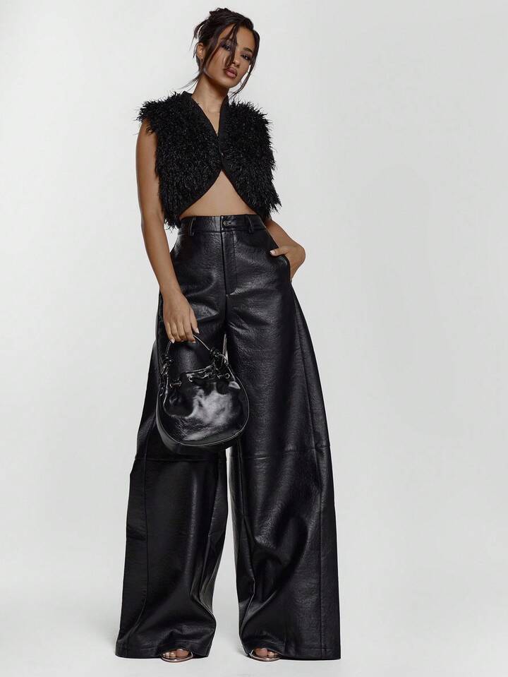 CM-BS001657 Women Elegant Seoul Style Faux Leather Wide Leg Mid Waist Trouser - Black