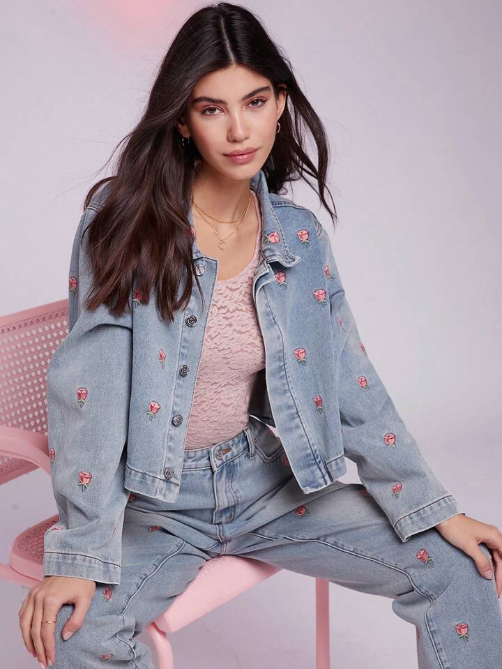 CM-CS634861 Women Trendy Bohemian Style Floral Embroidered Drop Shoulder Cropped Denim Jacket - Blue