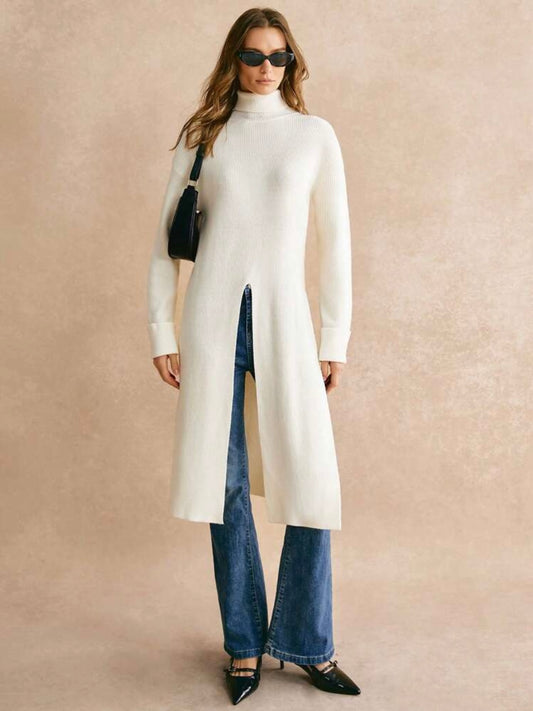 CM-CS884286 Women Casual Seoul Style Turtleneck Slit Dropp Shoulder Long Sleeve Split Hem Sweater