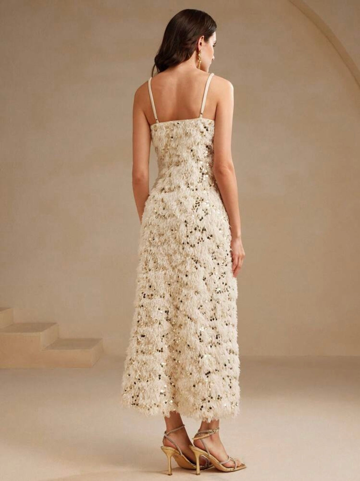 CM-DS722963 Women Elegant Seoul Style Fitted Sequin Embellished Feather Decor Slip Dress - Apricot