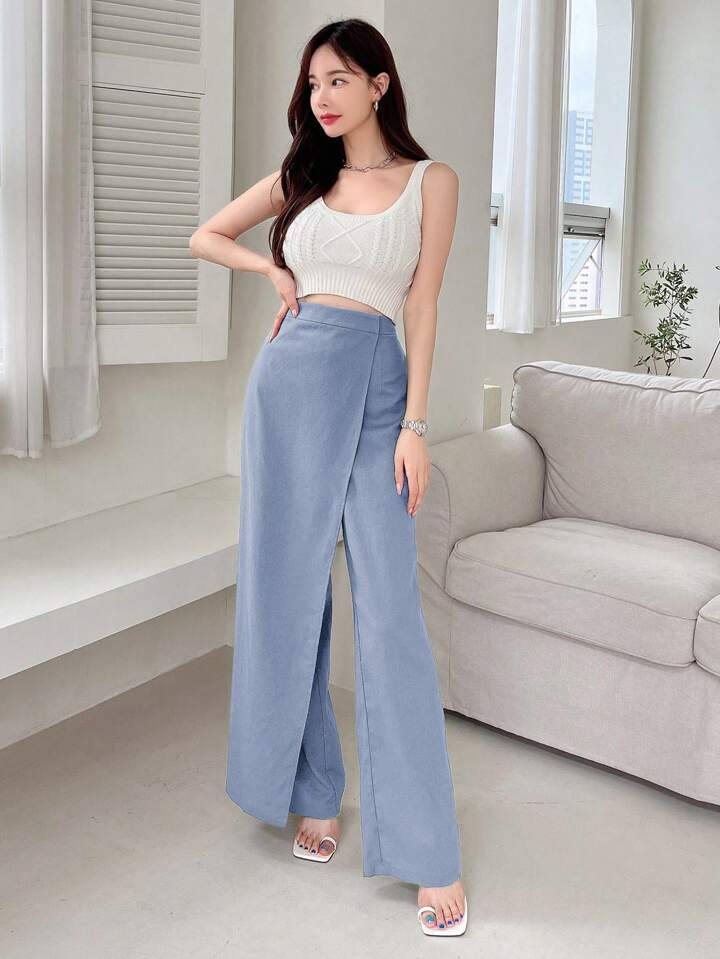 CM-BS035710 Women Casual Seoul Style Asymmetric Loose Fit Wide Leg Pants - Baby Blue