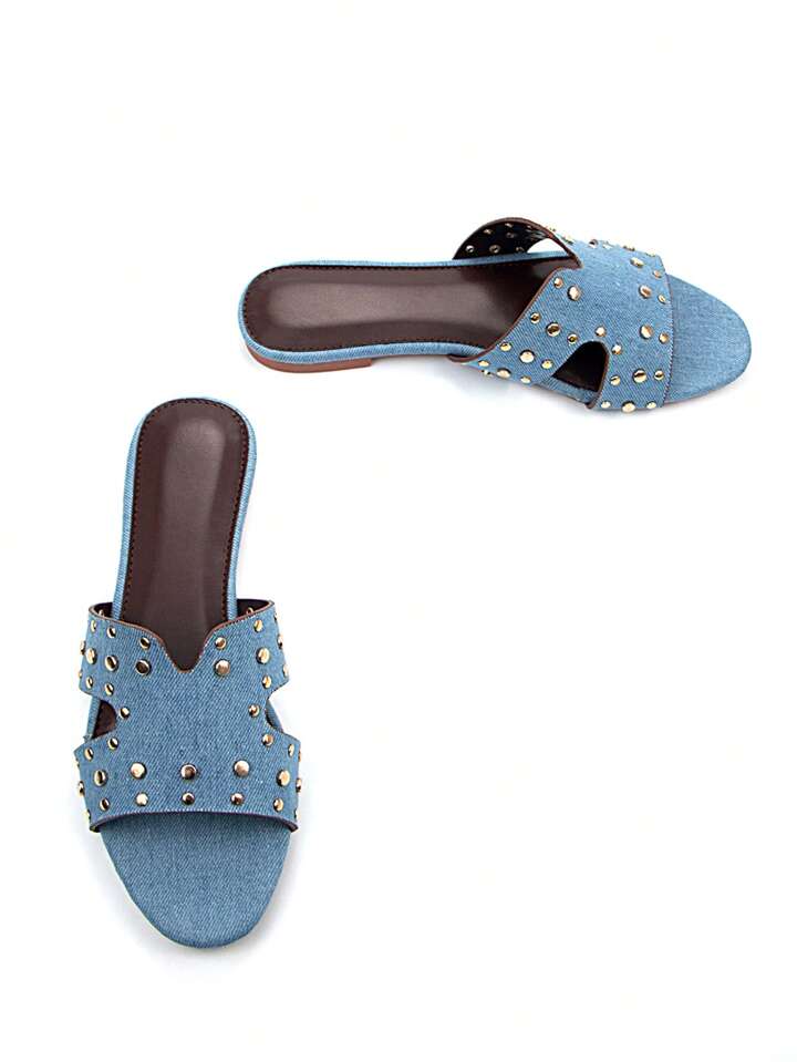 CM-SHS066339 Women Trendy Seoul Style Gold Rivet Decor Denim Round Toe Slip-On Flat Mules - Blue