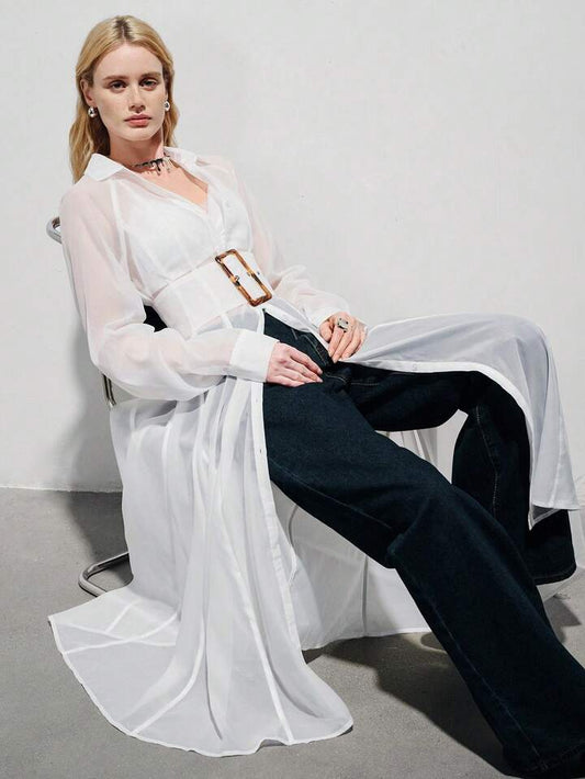CM-DS108757 Women Elegant Seoul Style Collar Chiffon Sleeve Wide Waistband Buckle Flowing Sheer Shirt Dress