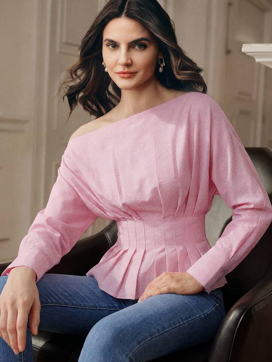 CM-TS377827 Women Elegant Seoul Style Pleated Asymmetric Shoulder Striped Long Sleeve Top - Pink