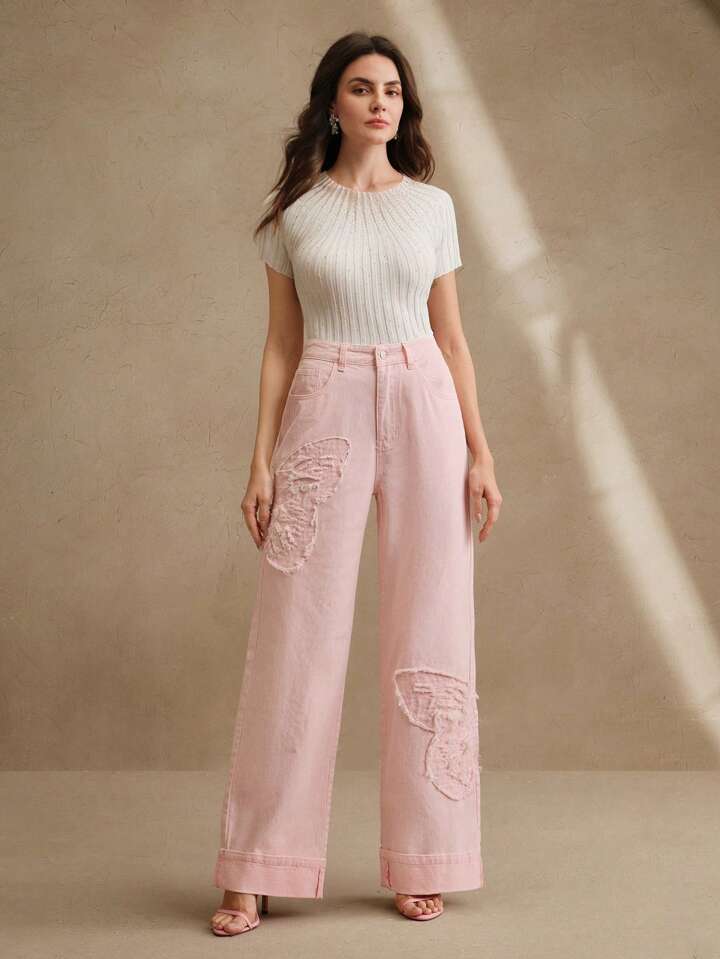 CM-BS264669 Women Casual Seoul Style Mid Waist Embroidered Straight Leg Jeans - Pink