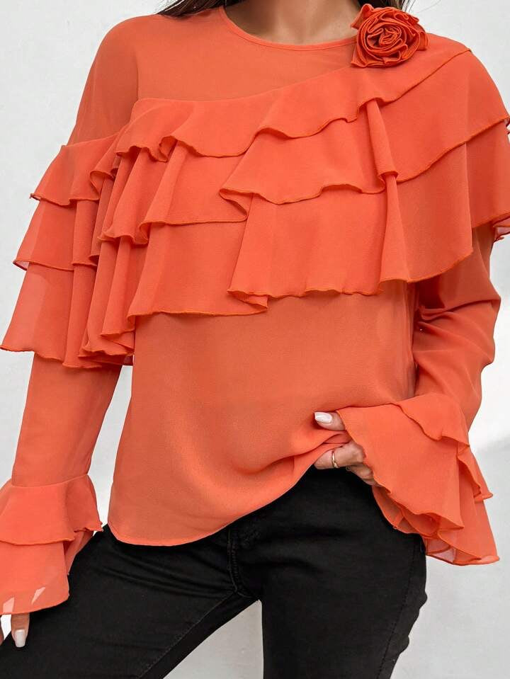 CM-TS831955 Women Elegant Seoul Style 3D Floral Decorated Ruffle Trim Blouse - Orange