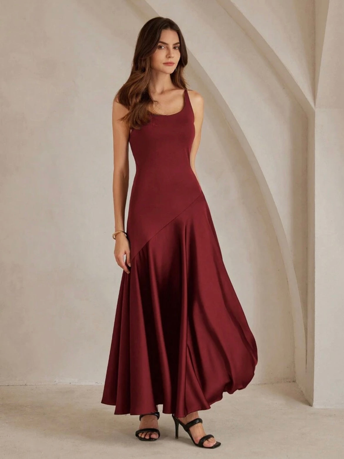 CM-DS076176 Women Elegant Seoul Style Solid Color Minimalist Spaghetti Strap Maxi A-Line Dress - Red