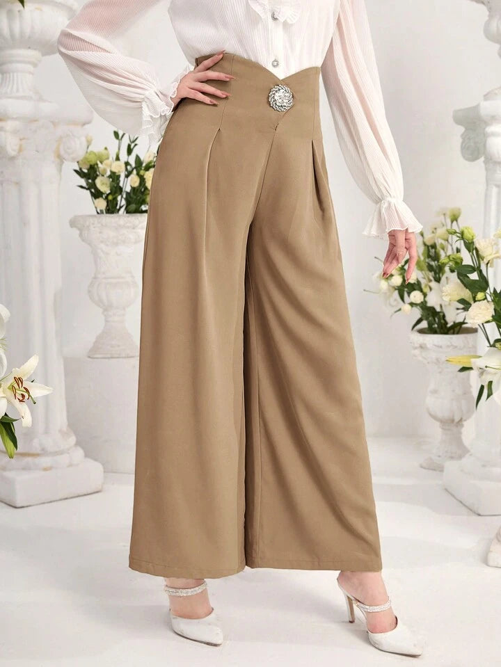 CM-BS192033 Women Elegant Seoul Style Solid Color Pleated Wide-Leg Pants - Khaki