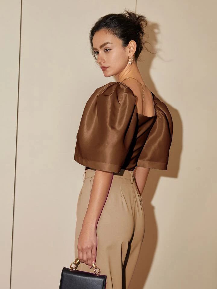 CM-TS715999 Women Elegant Seoul Style Puff Sleeve Square Neck Blouse - Coffee Brown