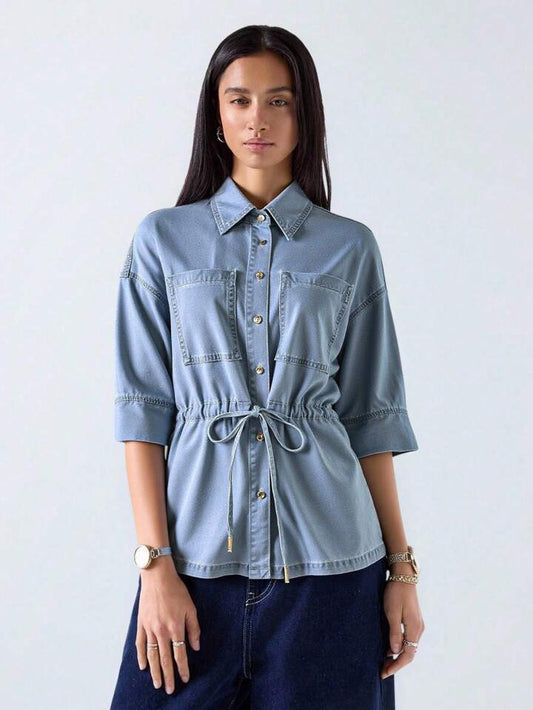 CM-TS222835 Women Casual Seoul Style Shirt Collar Short Sleeve Loose Button Pocket Drawstring Waist Denim Top
