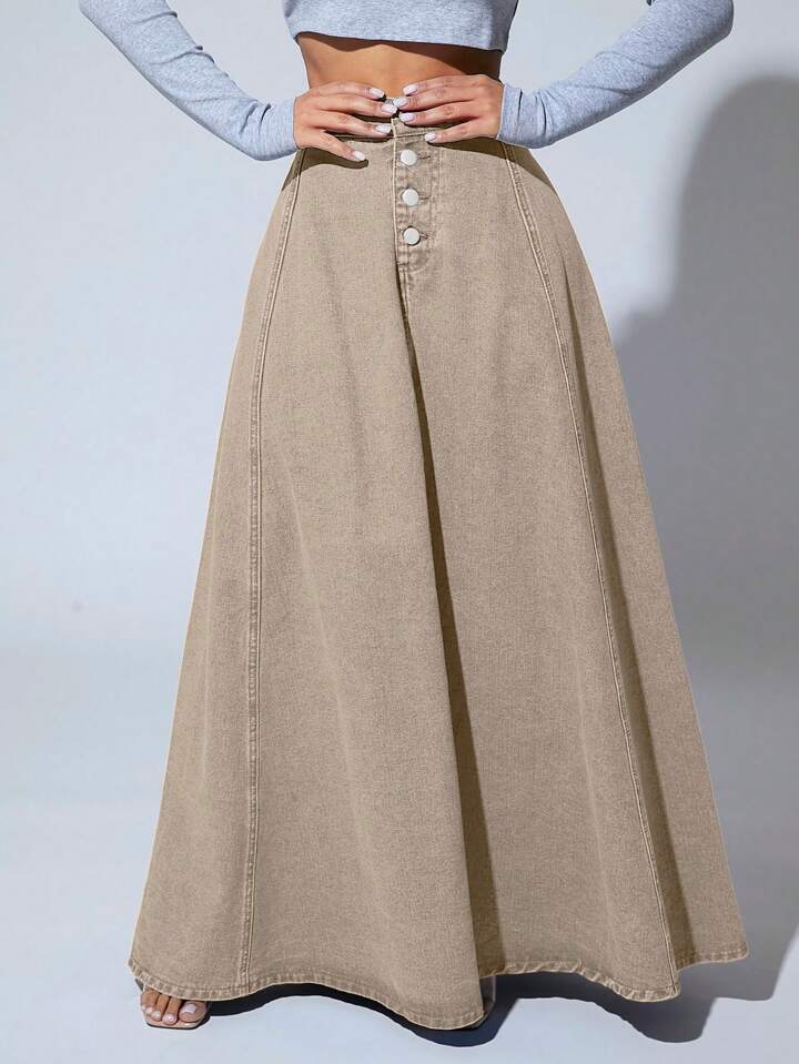 CM-BS789476 Women Casual Seoul Style High Waist Button Front Extra Long Denim Skirt - Apricot