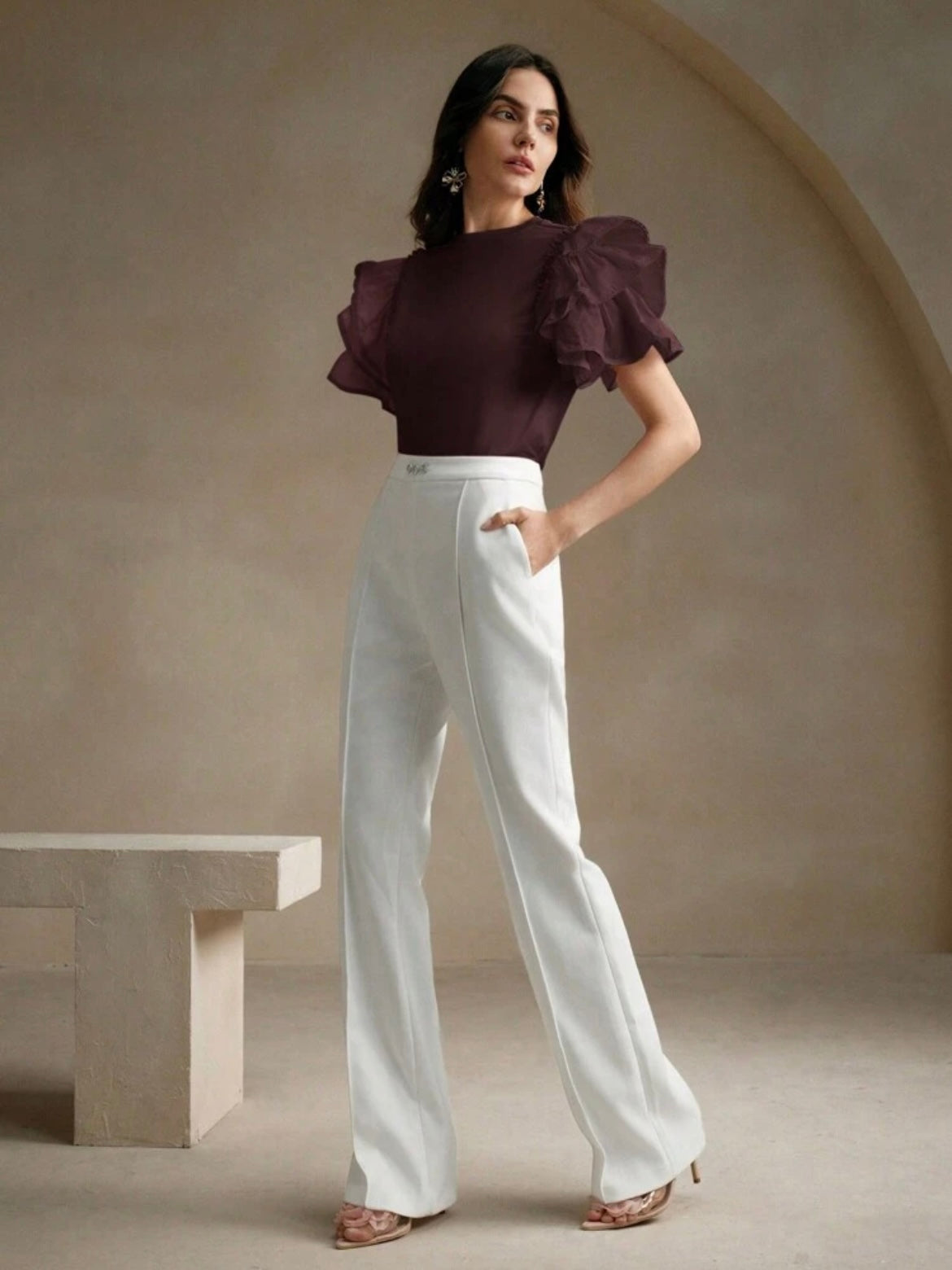 CM-TS399899 Women Casual Seoul Style Round Neck Puff Sleeve Ruffle Hem Splice Short Sleeve T-Shirt