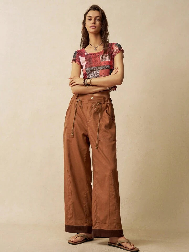 CM-BS045449 Women Trendy Bohemian Style Solid Color Drawstring Waist Long Pants - Coffee Brown