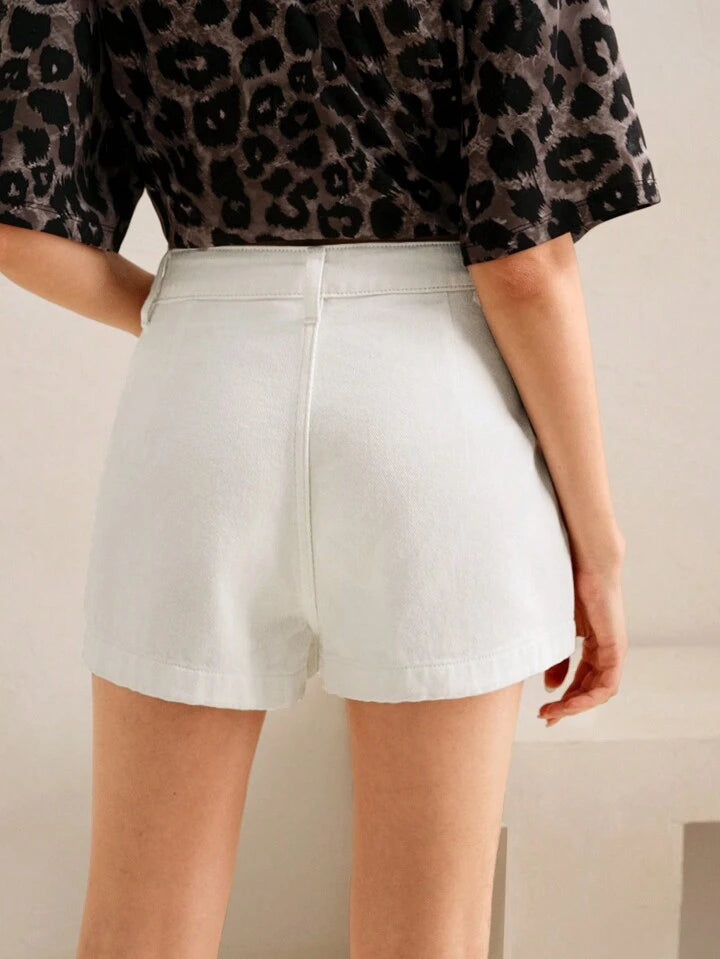 CM-BS129121 Women Casual Seoul Style Rhinestone Design High Waist Wide Leg Denim Shorts - White
