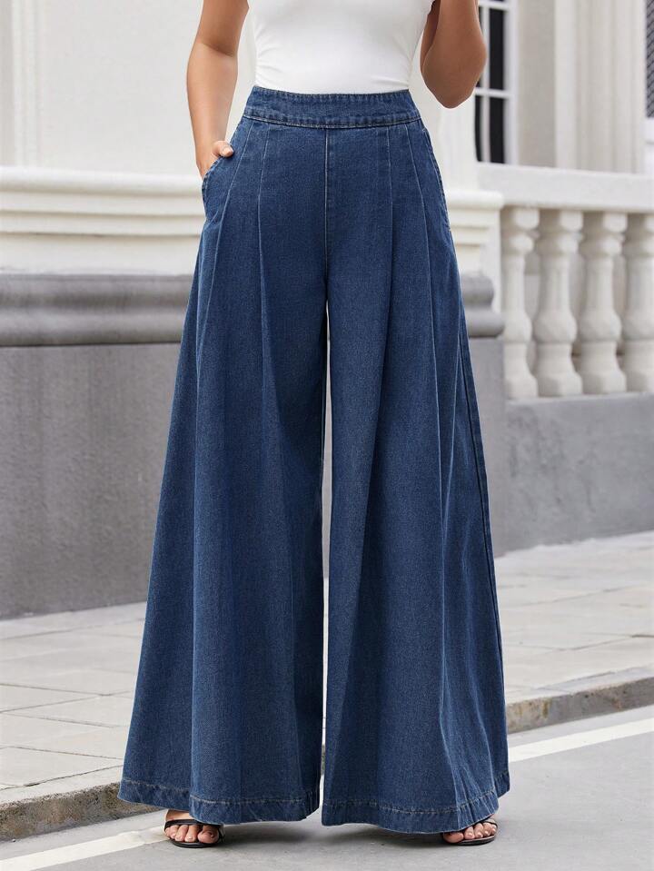 CM-BS220882 Women Casual Seoul Style Dark Wash High Waist Pleated Wide-Leg Jeans