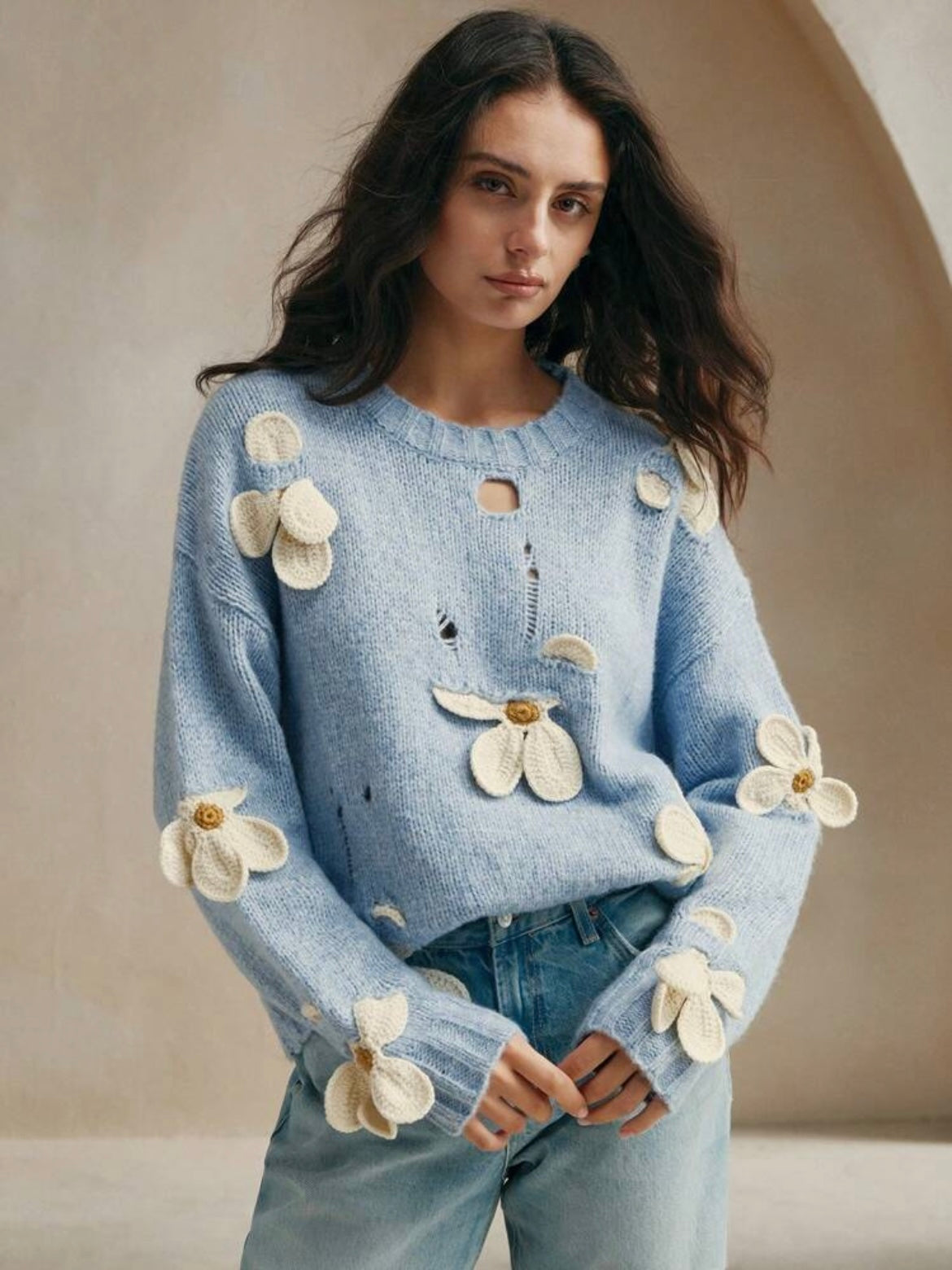 CM-CS411147 Women Casual Seoul Style Round Neck Crochet 3D Floral Long Sleeve Knitted Sweater