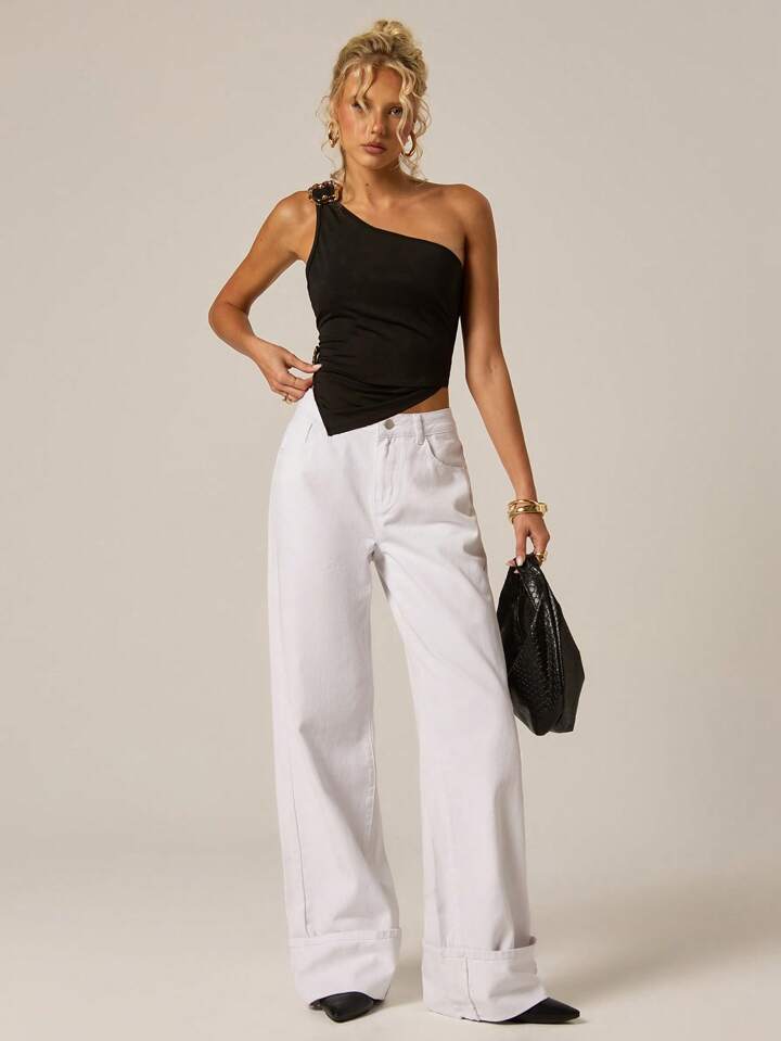 CM-BS711983 Women Casual Seoul Style Mid Waist Pocket Wide Leg Loose Denim Jeans - White