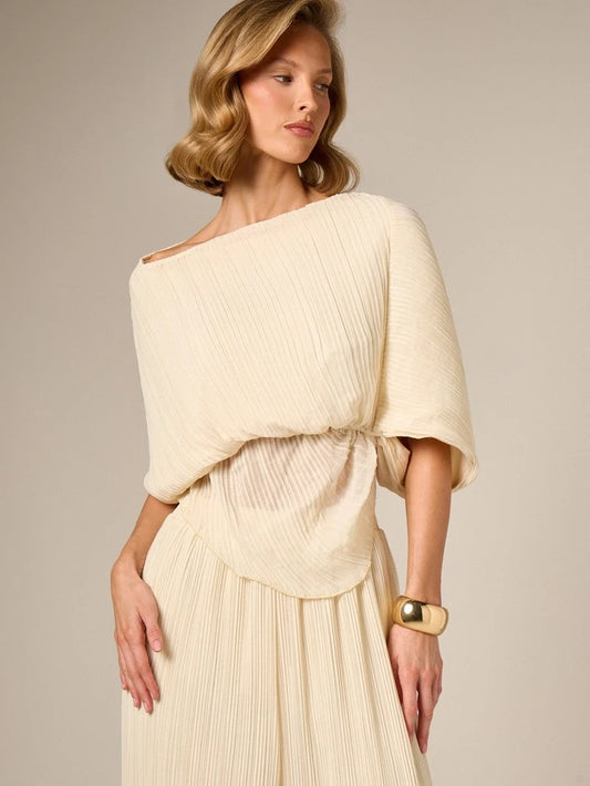 CM-TS515252 Women Casual Seoul Style Plisse Asymmetric Off Shoulder Batwing Sleeve Blouse - Apricot