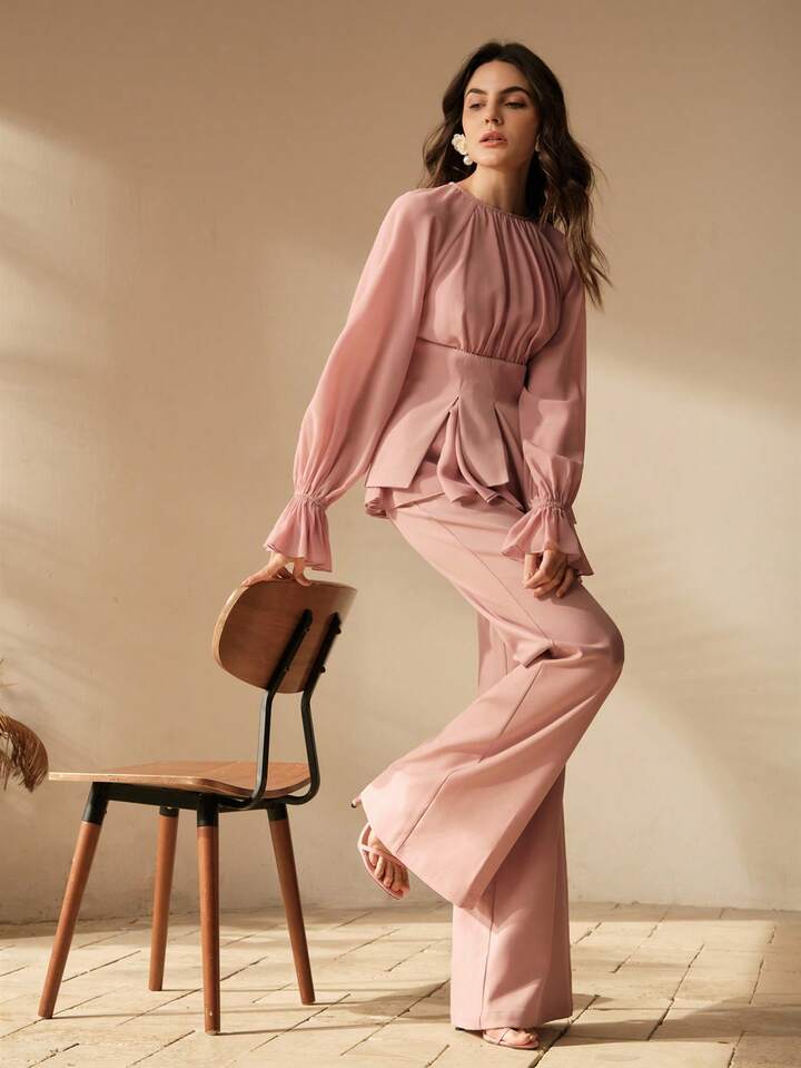 CM-SS484485 Women Elegant Seoul Style Round Neck Long Sleeve Chiffon Patchwork Blouse With Flared Leg Pants - Set