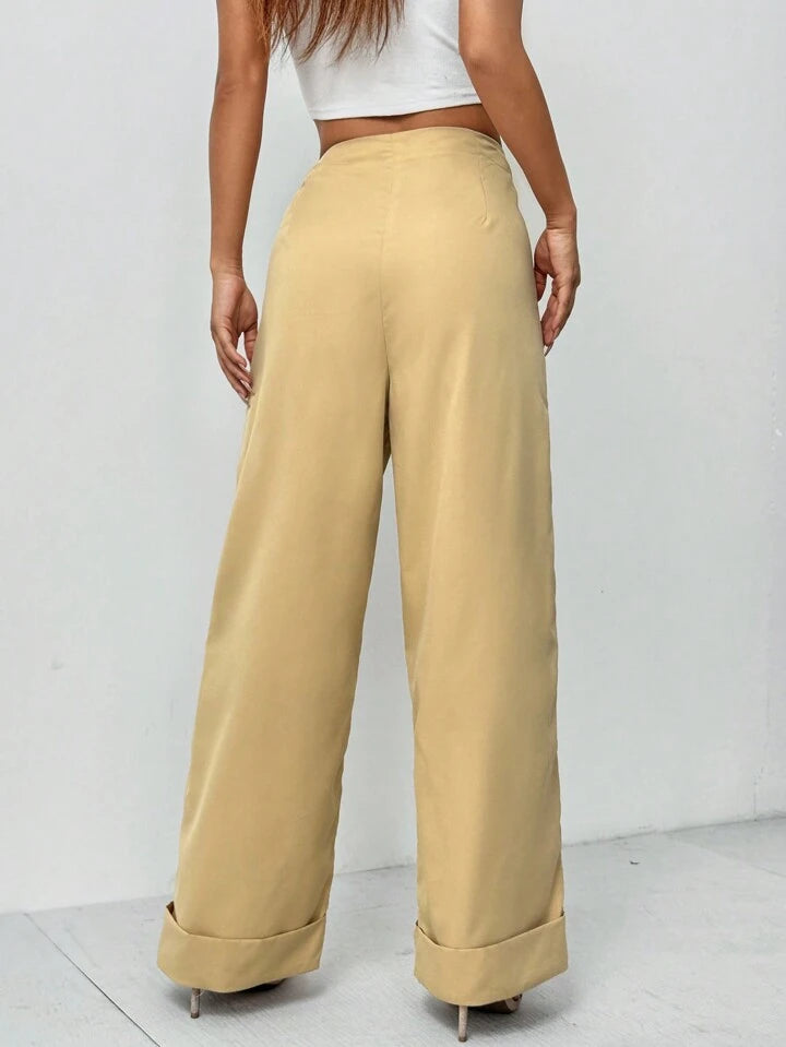 CM-BS628128 Women Casual Seoul Style High Waist Loose Foldover Wide Leg Pants - Khaki