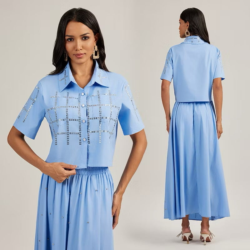 CM-SY044424 Women Elegant European Style Lapel Neckline Short Sleeve Shirt With Long Skirt - Set