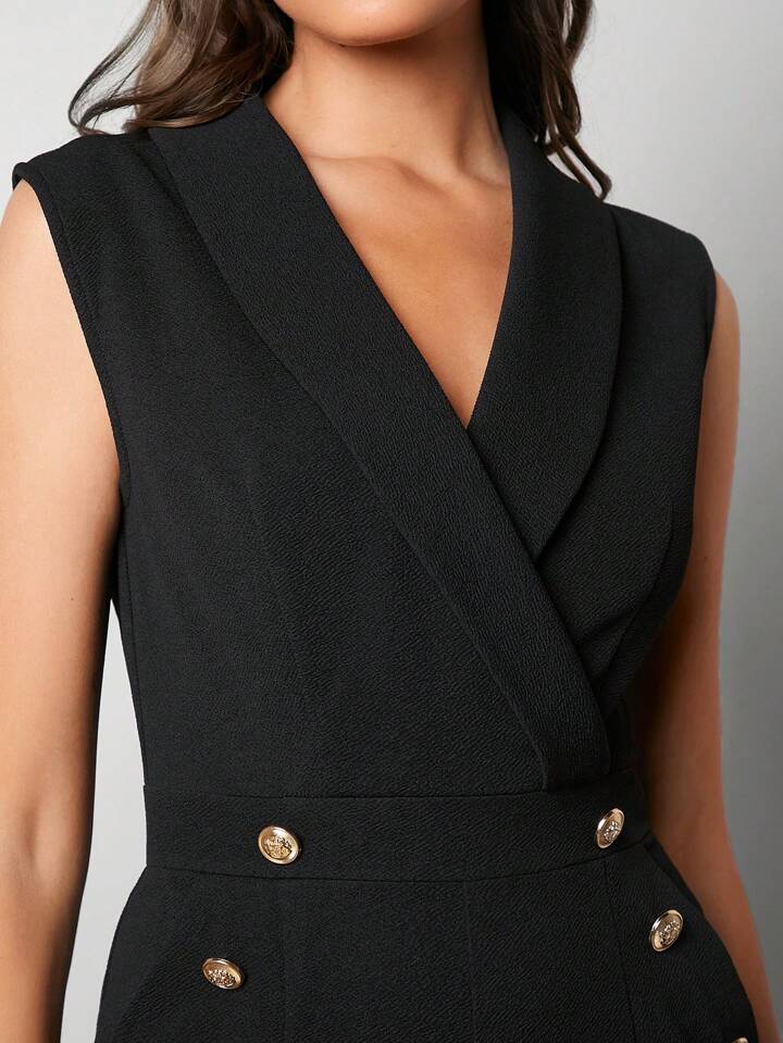 CM-JS651161 Women Elegant Seoul Style Shawl Collar Sleeveless Skinny Jumpsuit - Black