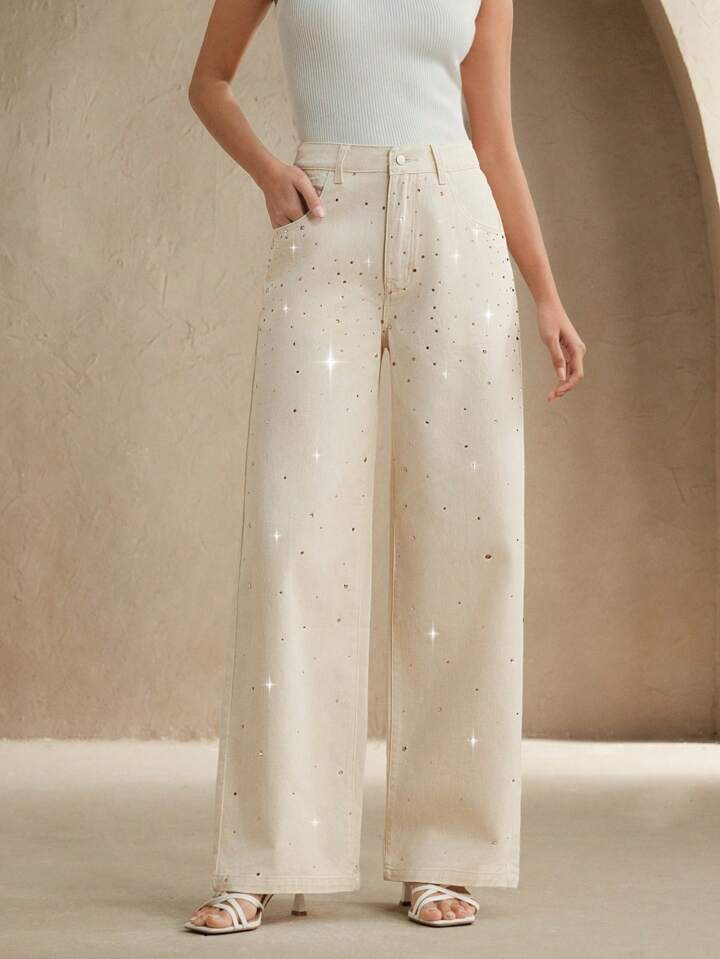 CM-BS639077 Women Casual Seoul Style Mid Waist Rhinestoned Decor Straight Leg Jeans - Beige