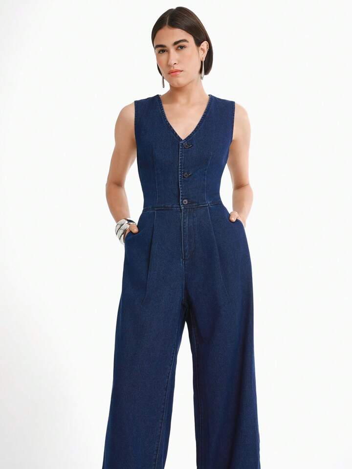 CM-JS313109 Women Casual Seoul Style Dark Wash V-Neck Sleeveless Pocketed Pleated Extra Long Denim Jumpsuit