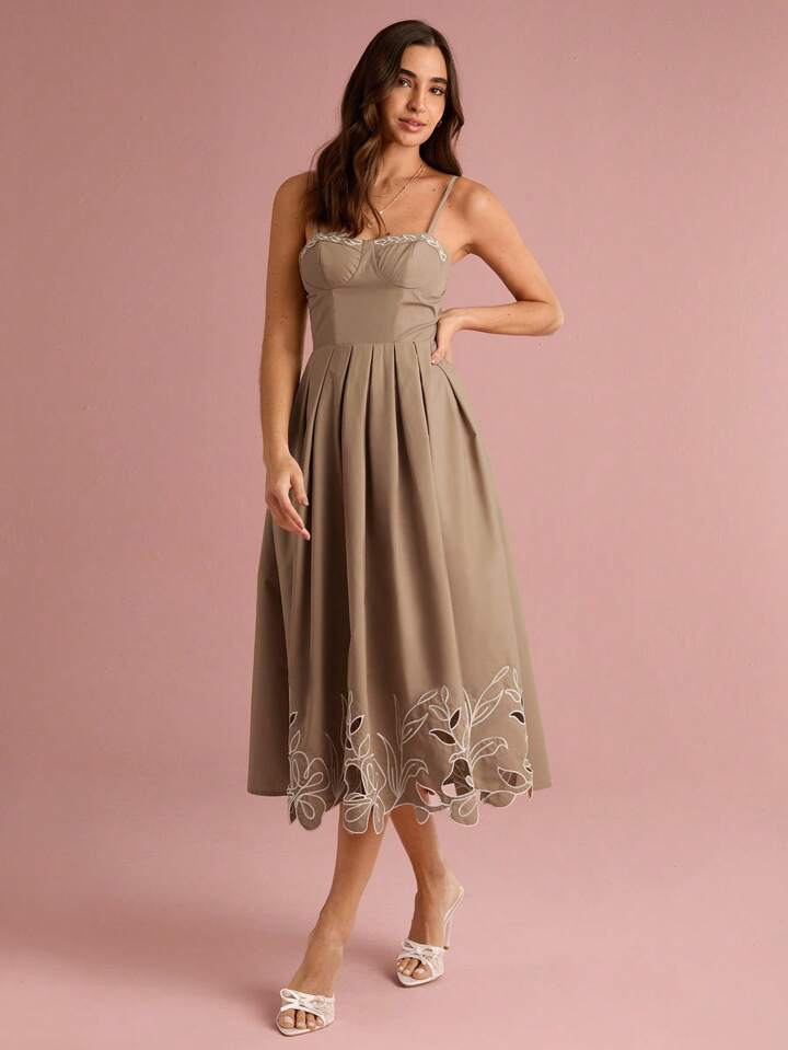 CM-DS616131 Women Trendy Bohemian Style Spaghetti Strap Hollow-Out Embroidery Slip Midi Dress