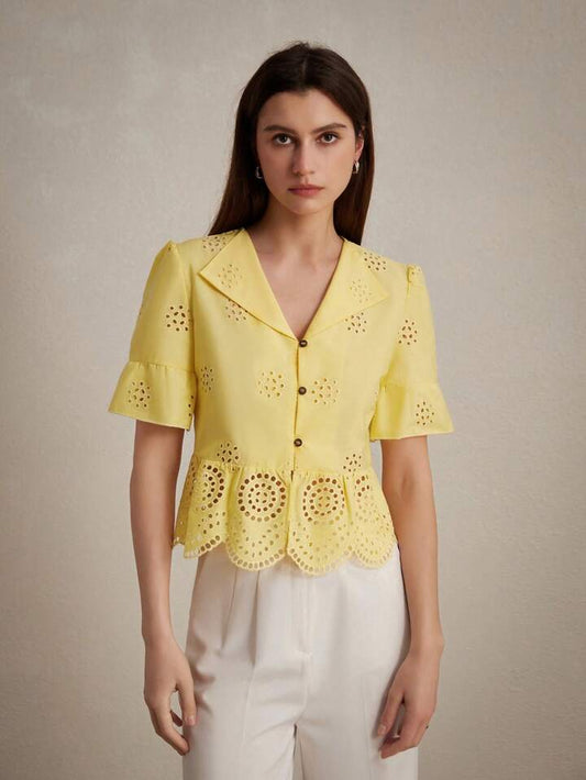 CM-TS061633 Women Casual Seoul Style Hollow Embroidery Turn-Down Collar Shirt - Yellow
