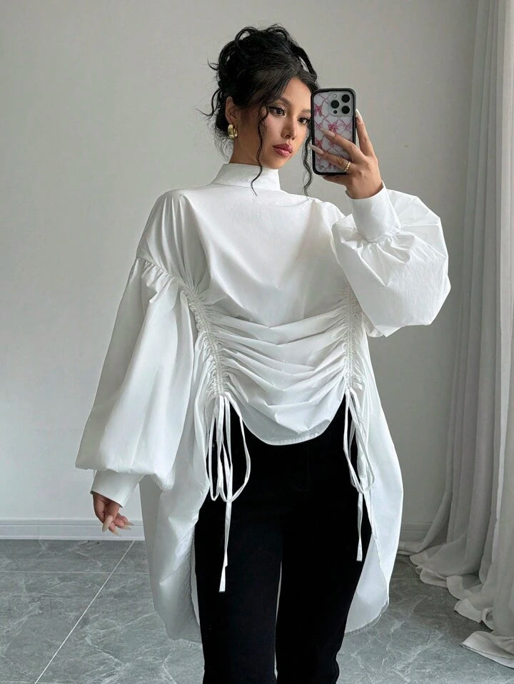 CM-TS110618 Women Casual Seoul Style Solid Color Stand Collar Long Sleeve Loose Pleated Shirt - White