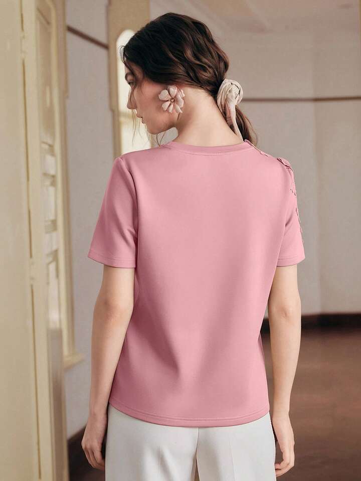 CM-TS182900 Women Elegant Seoul Style Round Neck Short Sleeve Lace Patchwork 3D Embroidered Floral Knit T-Shirt - Dusty Pink