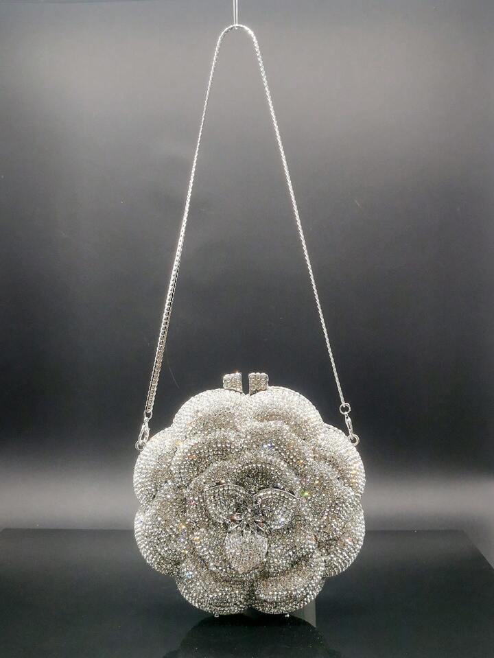 CM-BGS061611 Women Elegant Seoul Style Floral Design Rhinestone Crystal Handmade Clutch Bag - Silver