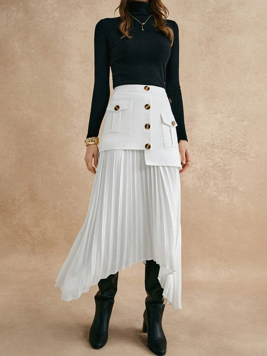 CM-BS110452 Women Elegant Seoul Style Ruched Patchwork Asymmetrical Hem A-Line Skirt - White