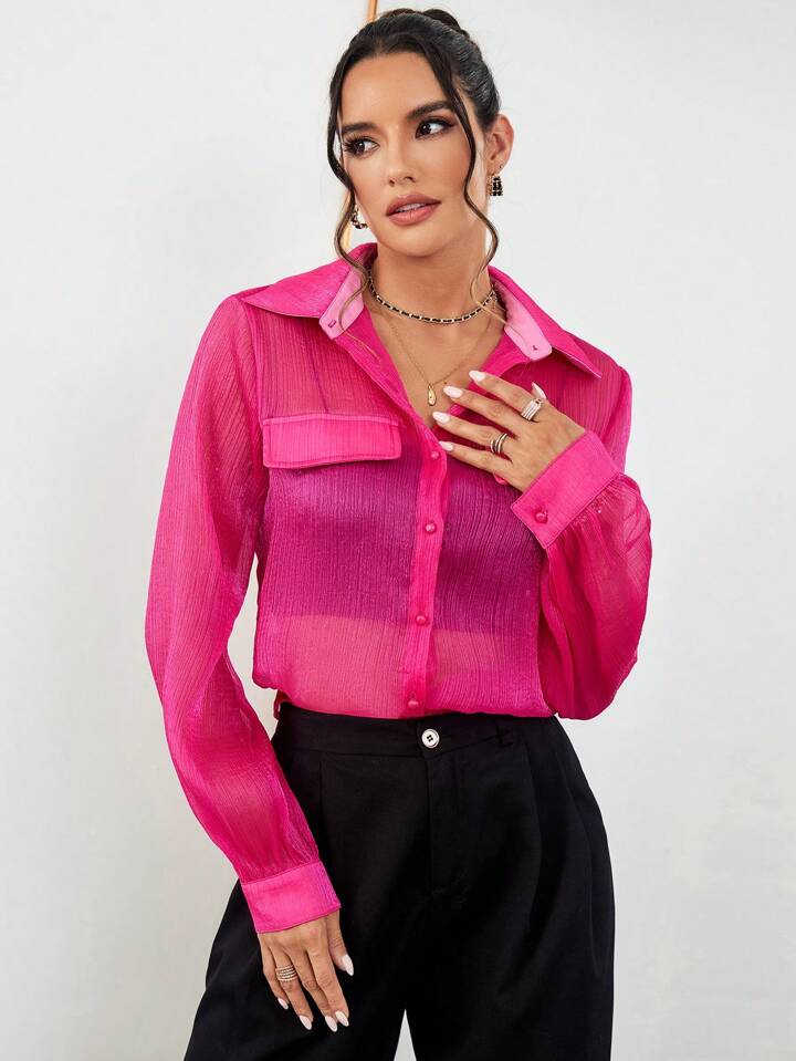 CM-TS185655 Women Casual Seoul Style Collar Neckline Sheer See-Through Long Sleeve Shirt